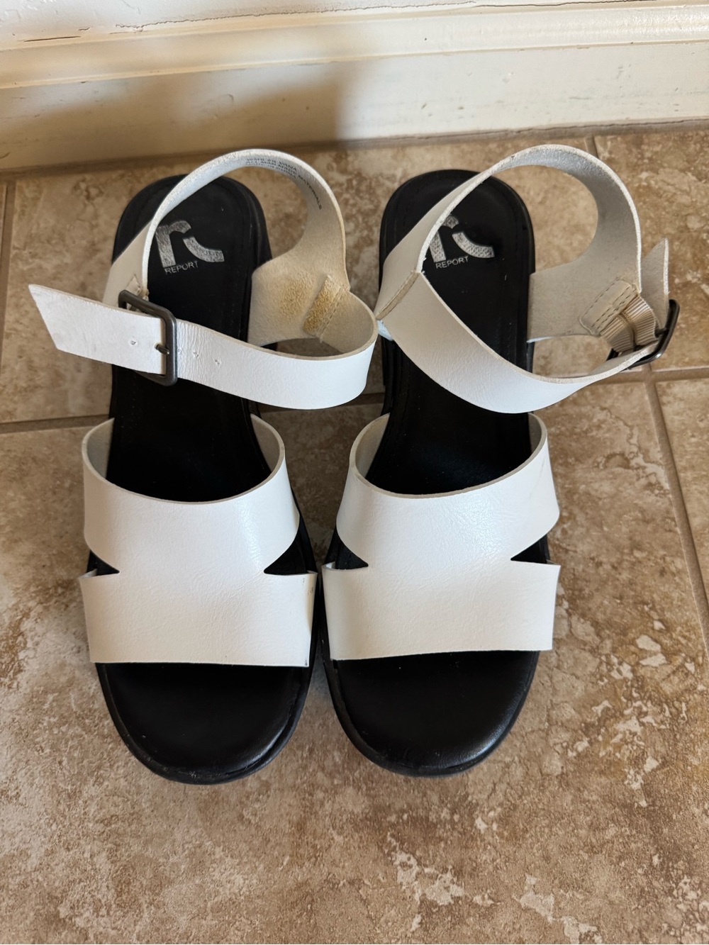 Report White Leather Ankle-Strap Sandals with Black Footbed